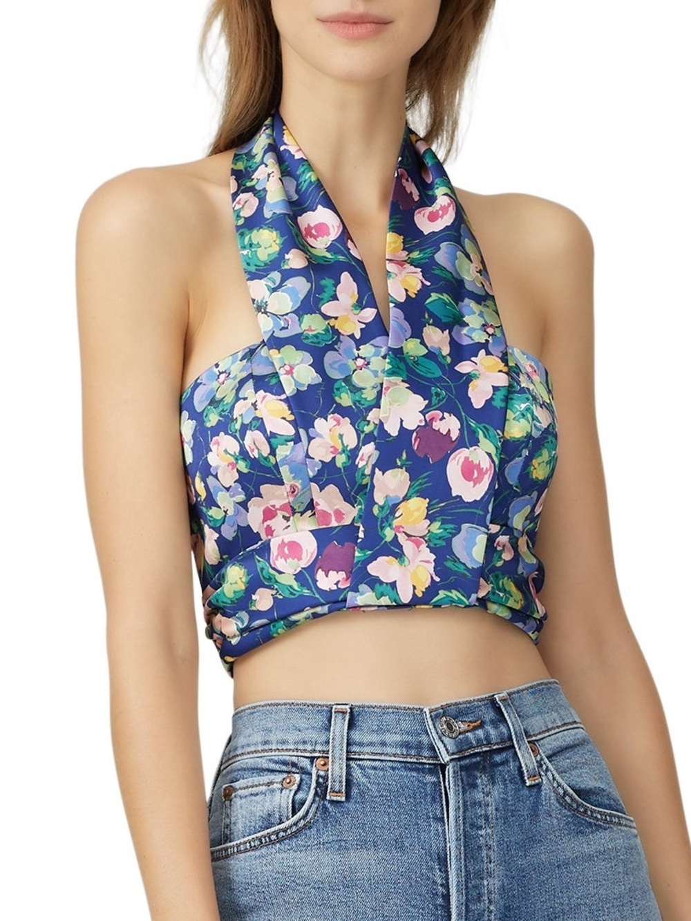 AMUR Nelly Bustier Top XS Blue Floral Cropped